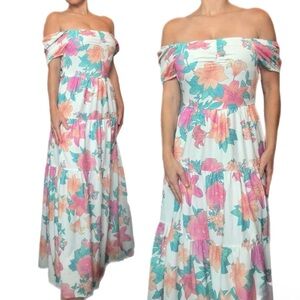 Off Shoulder Floral Maxi Dress | Tiered Boho Cottagecore | Pastel | Size Small